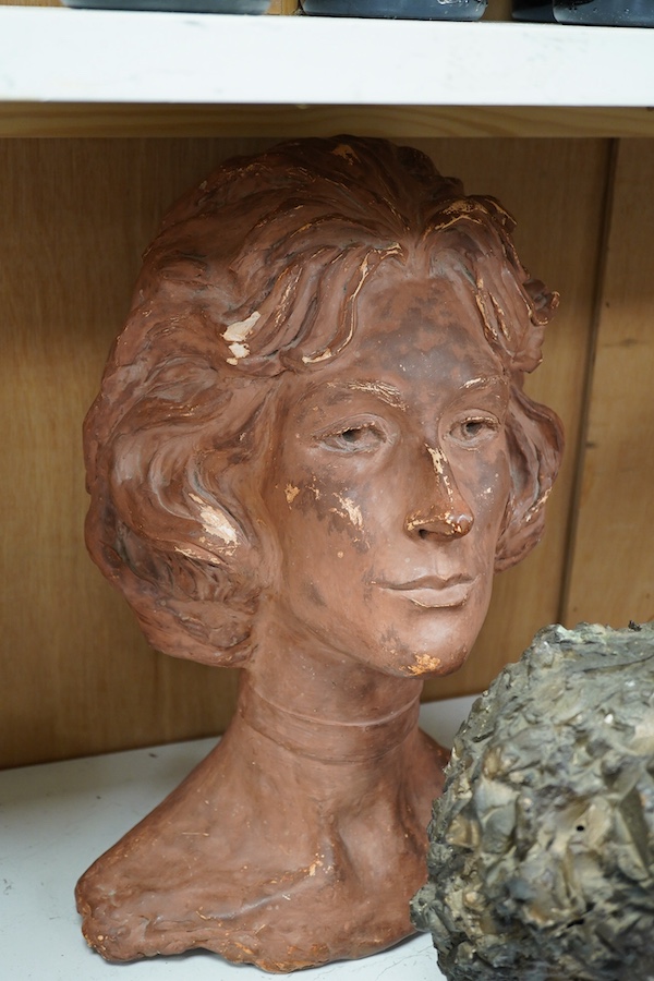 Three busts including a terracotta example of a child, tallest 42cm. Condition - poor